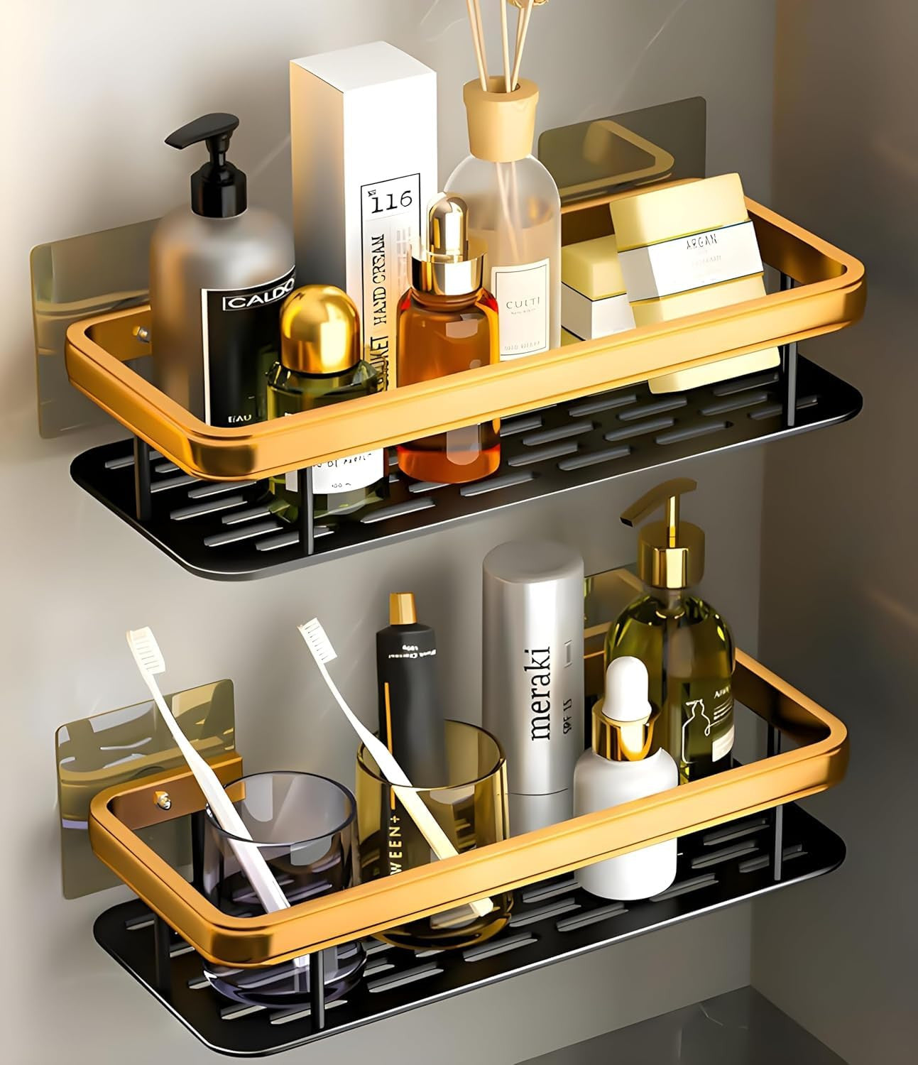 Self-Adhesive Multipurpose Wall Mounted Shelf and Rack for Bathroom and Kitchen (Pack of 2, Gold Shelf)