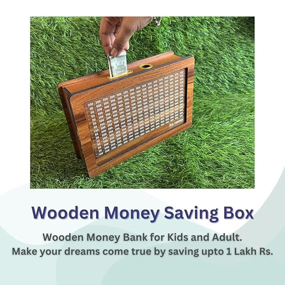 Wooden Money Bank, Money Saving Box, 100000 Rupees Goal Tracker, Cash Collection Bank for Kids and Adults