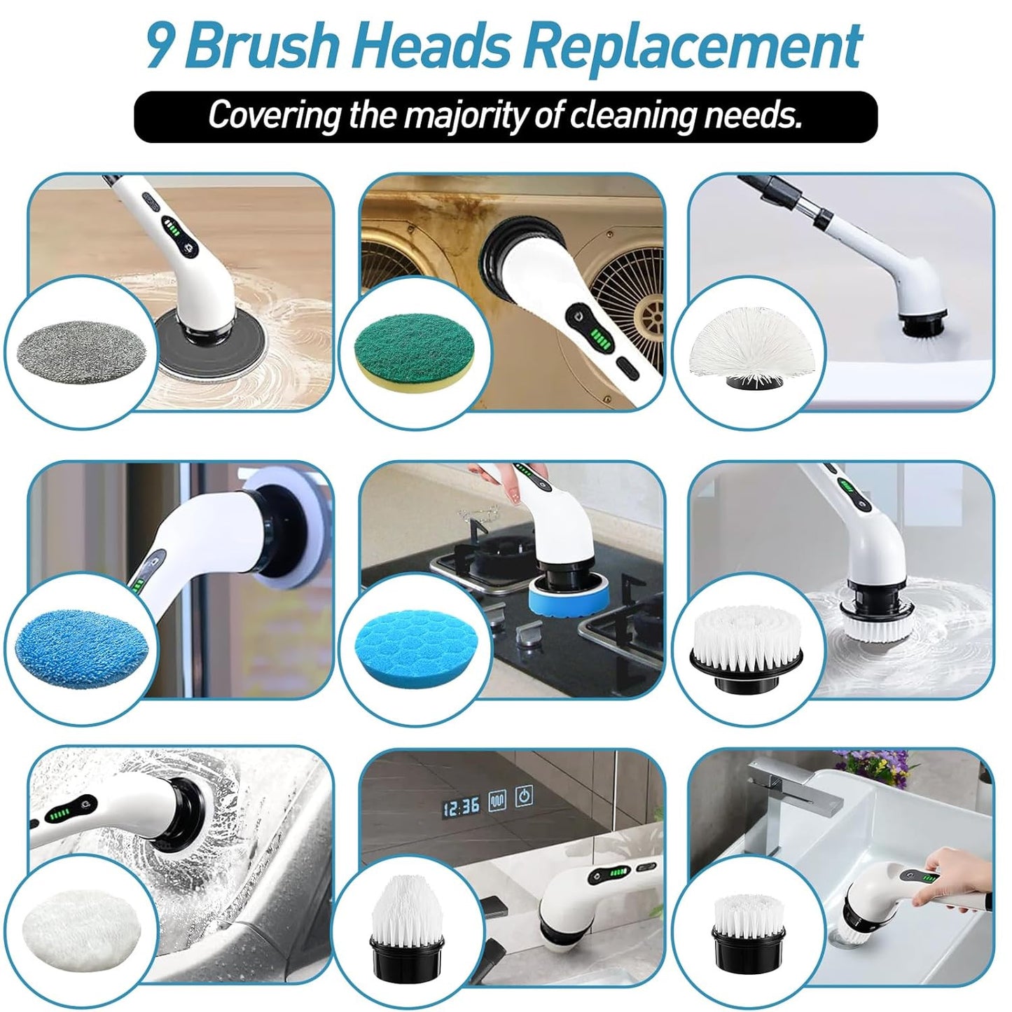 Electric Spin Scrubber | Cleaning Brush Scrubber for Home | 9 in 1 Electric Scrubber Brush