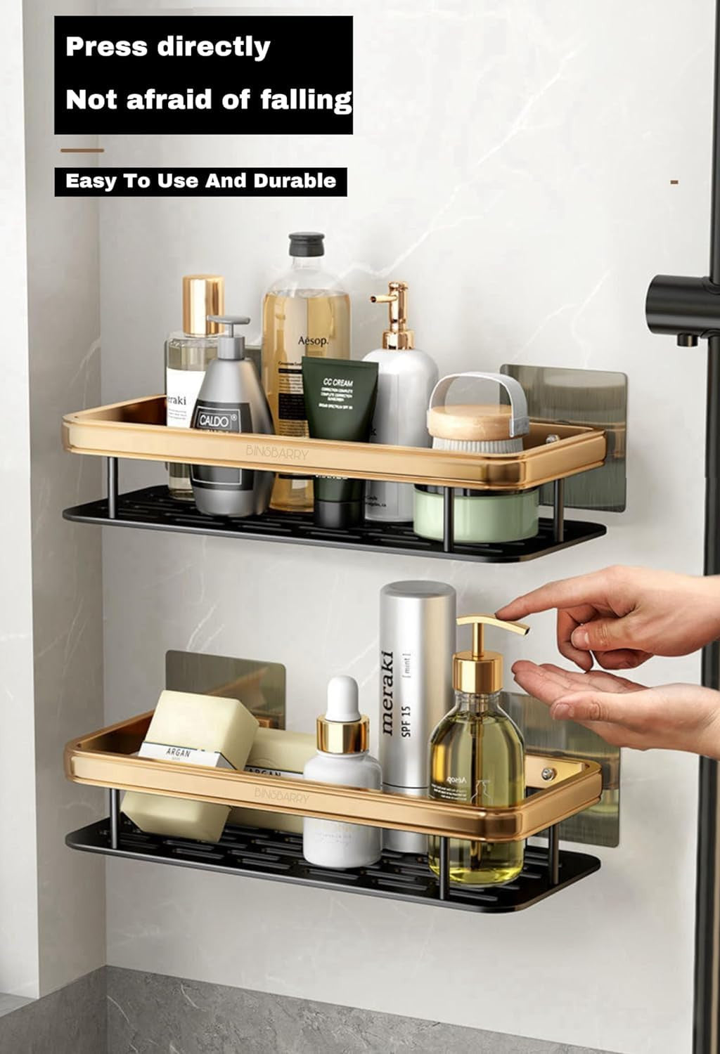 Self-Adhesive Multipurpose Wall Mounted Shelf and Rack for Bathroom and Kitchen (Pack of 2, Gold Shelf)