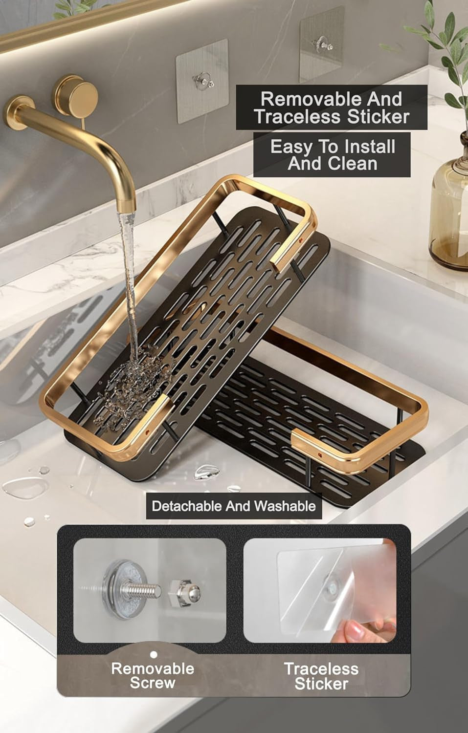 Self-Adhesive Multipurpose Wall Mounted Shelf and Rack for Bathroom and Kitchen (Pack of 2, Gold Shelf)