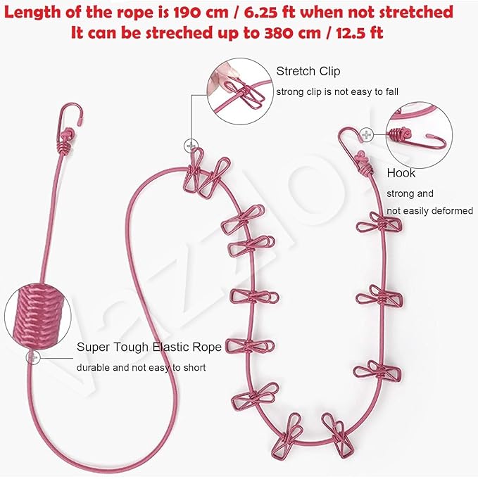 Elastic Cloth Drying Rope with 12 Clips |  For Travel Home Outdoor