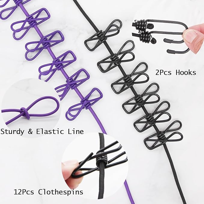 Elastic Cloth Drying Rope with 12 Clips |  For Travel Home Outdoor