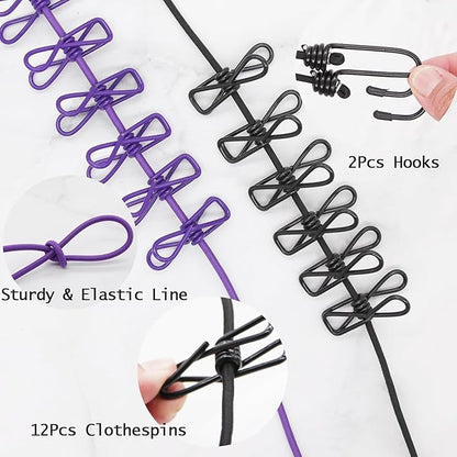 Elastic Cloth Drying Rope with 12 Clips |  For Travel Home Outdoor
