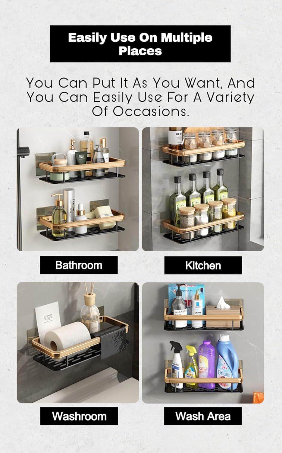 Self-Adhesive Multipurpose Wall Mounted Shelf and Rack for Bathroom and Kitchen (Pack of 2, Gold Shelf)