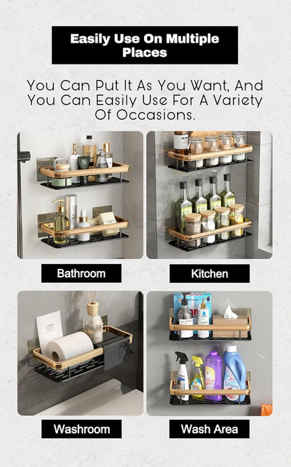 Self-Adhesive Multipurpose Wall Mounted Shelf and Rack for Bathroom and Kitchen (Pack of 2, Gold Shelf)