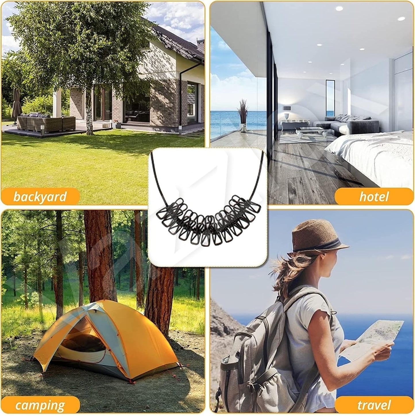 Elastic Cloth Drying Rope with 12 Clips |  For Travel Home Outdoor